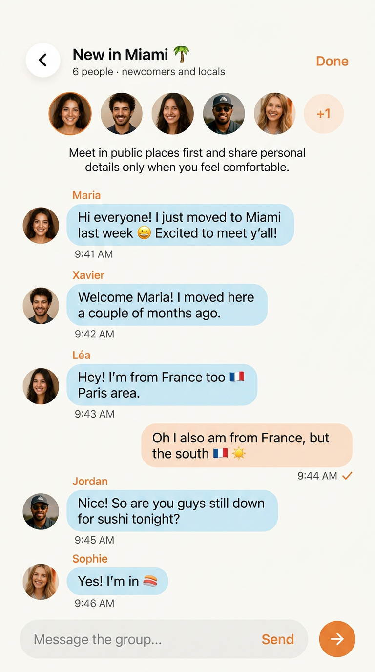 Group chat with new friends in Miami
