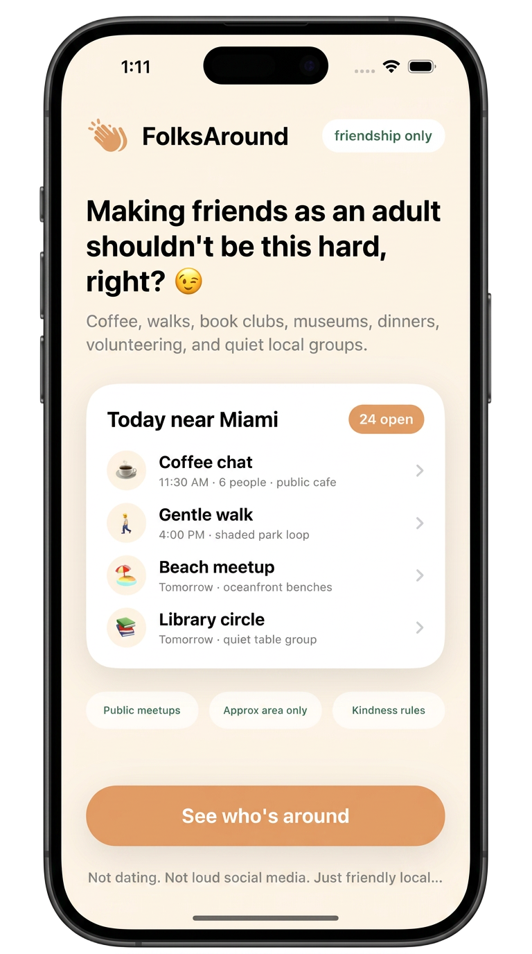 FolksAround app showing today's local meetups near Miami